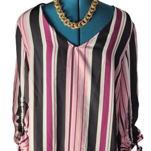266. COMO BLU Pink, Black & White Striped Blouse ruching on sleeves L